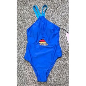 New Juicy Couture 1 Piece Halter Cut Out‎ Swimsuit Color Block Blue Red Small